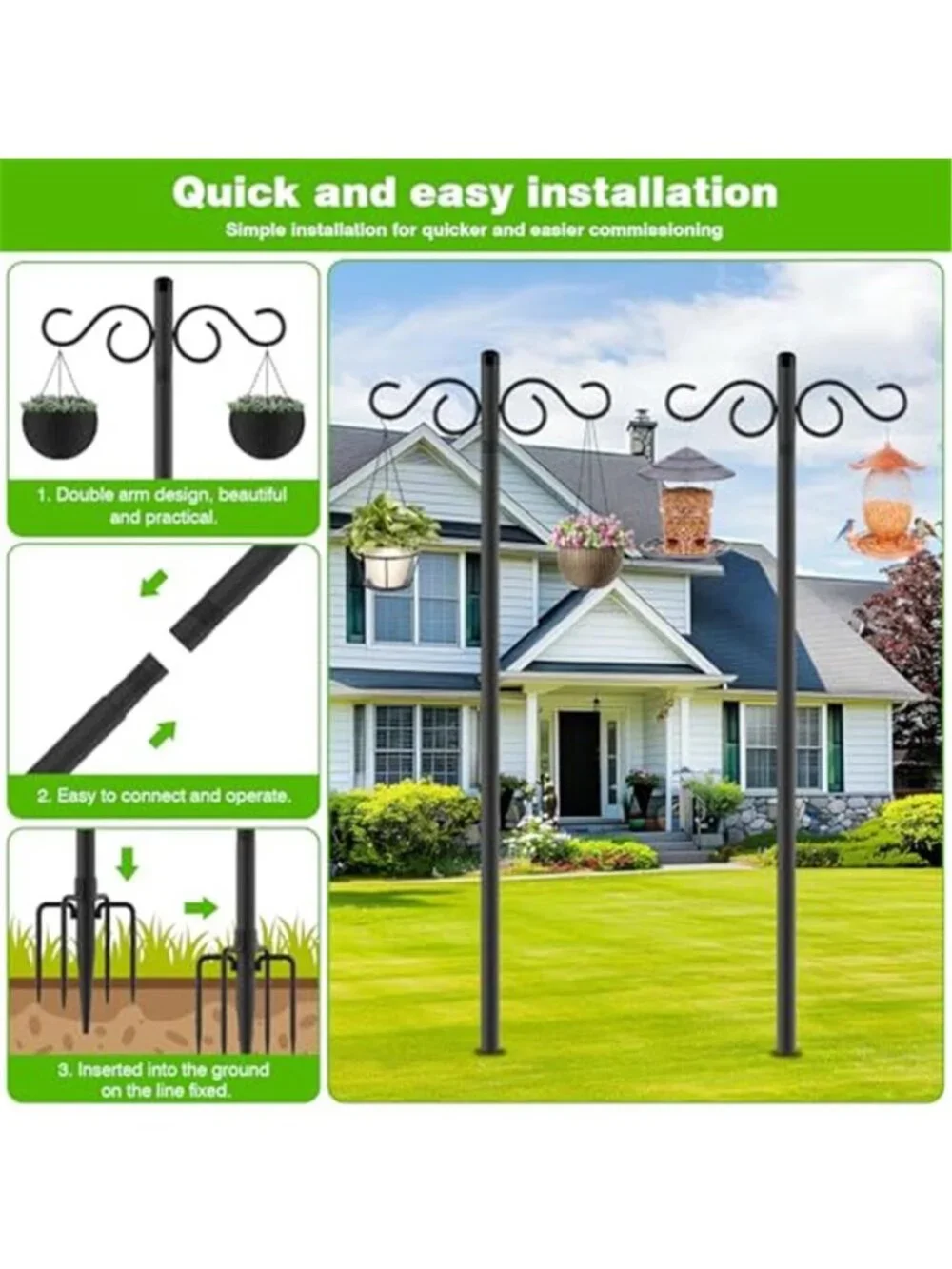 Double Shepherds Hooks for Outdoor,2 Pack 90 Inch Bird Feeder Pole with 5 Prongs